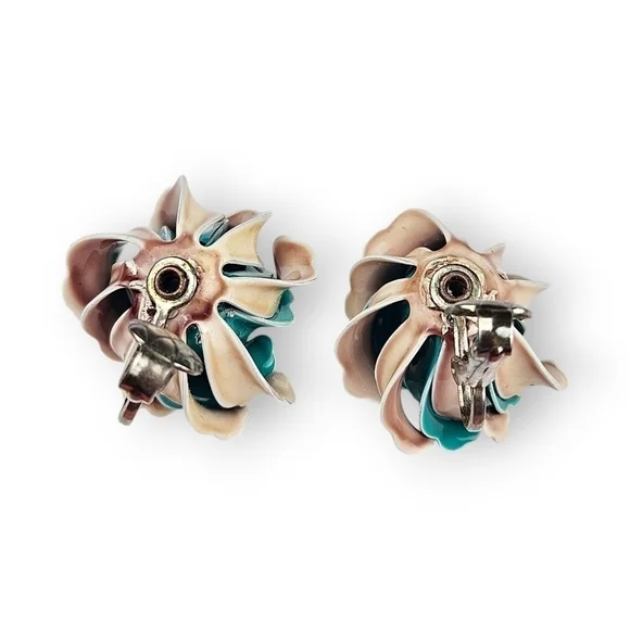 Vintage Flower Earrings Blue Peach Enamel Swirled Petals Clip On Dimensional ~1" - Picture 6 of 7